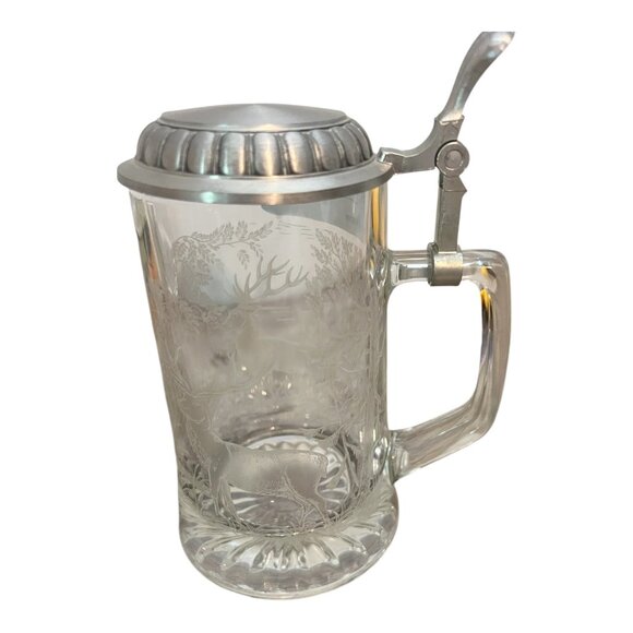 Vtg Domex Glass Beer Stein With 95% Zinn Pewter Lid & Etched Deer Scene Design - Picture 1 of 13
